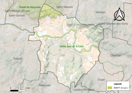 Carte des ZNIEFF de type 2 sur la commune.