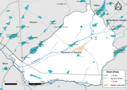 Carte en couleur présentantle réseau hydrographique de la commune