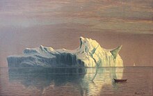 Painting of an large iceberg and a small skiff in the foreground