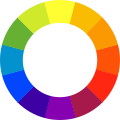 色相環。円の正反対に位置する色が補色。 （左）マンセル　（中）RYB　（右）RGB