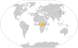 Map of Belgium's colonies at their maximum extent in the interwar period.