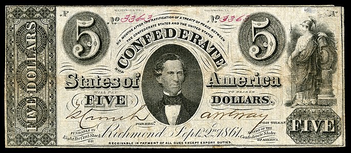 Five Confederate States dollar (T34), by Keatinge & Ball