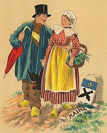 Carte postale en couleurs représentant un couple en costume mainiot.