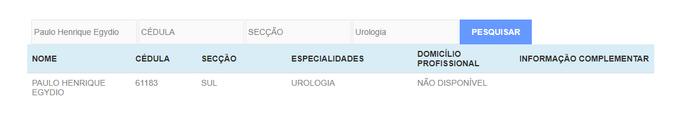 Divulgação do Registro na Ordem dos Médicos de Portugal, Paulo Henrique Egydio, Cédula 61183, Secção Sul na Especialidade de Urologia.