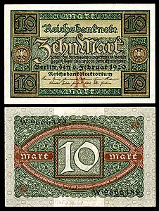 Ten Mark at German Papiermark, by the Reichsbankdirektorium Berlin