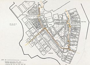 Karta med sammanställning av tomtnummer som användes mellan 1729 och 1810. Staden är uppdelad i distrikt (inre, södra, västra och östra).