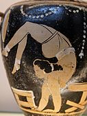 An acrobat featured on a Campanian (Italian) red-figure hydria, c. 340–330 BC
