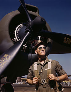Mike Hunter at Aircraft pilot, by Alfred T. Palmer (restored by Trialsanderrors)