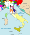 Carte de l’Italie en 1402 : le patriarcat est en vert foncé ; la république de Venise en turquoise