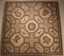 A mosaic showing Medusa and representational figures of the four seasons, from Palencia, Spain, made between 167 and 200 AD