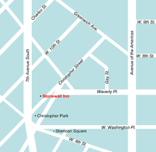 Map of Stonewall Inn's location in relation to surrounding streets. The map shows that the inn is on the north side of Christopher Street between Seventh Avenue and Waverly Place. The inn's name is highlighted in red.