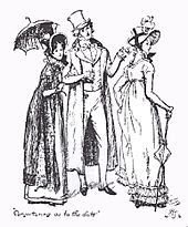 Illustration ch. 43. De face, Mrs Gardiner donnant le bras à son mari, Elizabeth de dos, qui se retourne.