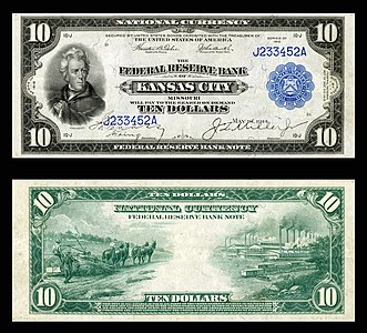 Ten-dollar large-size banknote of the Federal Reserve Bank Notes, by the Bureau of Engraving and Printing
