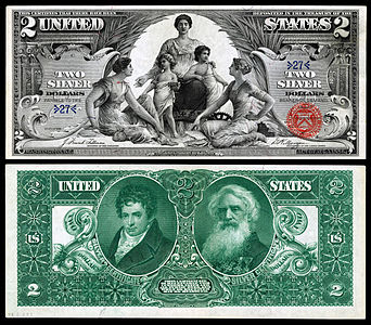 Two-dollar silver certificate from the series of 1896, by the Bureau of Engraving and Printing