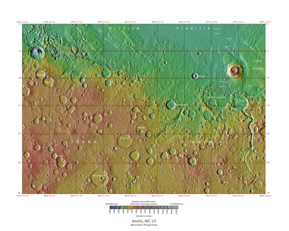 Aeolis quadrangle MOLA map, with Elysium Planitia at top