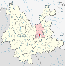 Location of Chenggong District (red) and Kunming City (pink) within Yunnan province
