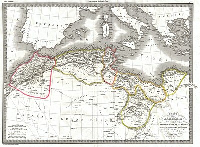 A technical map of North Africa and the Eastern Mediterranean with notable features marked or colored