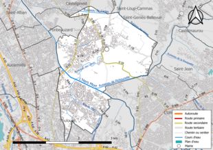 Carte en couleur présentant le réseau hydrographique de la commune