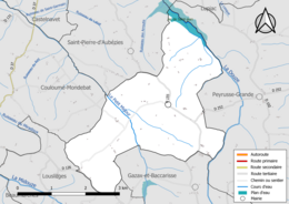 Carte en couleur présentant le réseau hydrographique de la commune