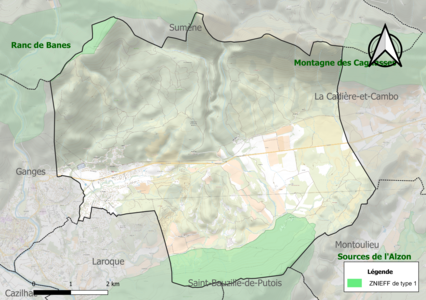 Carte des ZNIEFF de type 1 sur la commune.