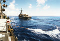 U.S. Navy astern refueling of a Cyclone-class patrol ship by an Oliver Hazard Perry-class frigate in 1998.