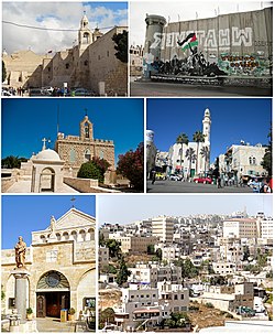 From top, left to right: Church of the Nativity, Graffiti on the Israeli West Bank barrier, Chapel of the Milk Grotto, Mosque of Omar in Manger Square, Church of St. Catherine and skyline of the city