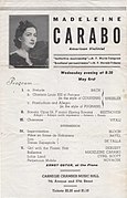 Flyer for concert at Carnegie Hall, May 1, 1940, with promotional headshot of Madeleine Carabo in the top left corner, her name in large letters next to it, and program details and ticket prices below.