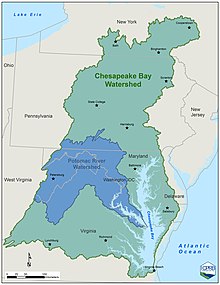 A map of the Potomac watershed within the Chesapeake Bay.