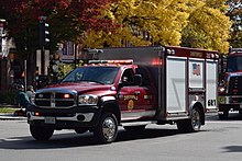 A red Dodge pickup used as a light rescue vehicle