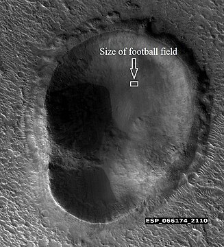 Double crater. Box shows size of football field. The object broke into two right before striking surface.