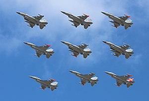 Nine identical jets in formation in front of a blue sky and a few clouds.