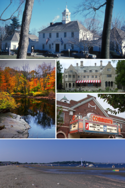 Clockwise from top: Old Town Hall, Fairfield University Art Museum, Fairfield Community Theater, Fairfield Beach, Lake Mohegan