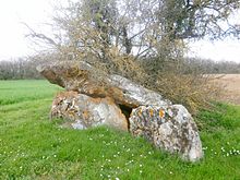 Photographie en couleurs d'un dolmen.