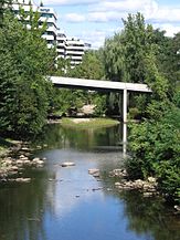 The river passes by numerous office buildings in northern Norwalk.