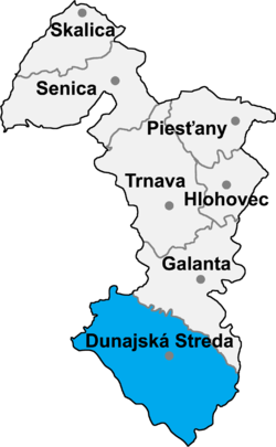 Locatisation du district de Dunajská Streda dans la région de Trnava (carte interactive)