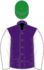 PURPLE, white sleeves, green cap