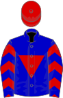 Blue, red inverted triangle and chevrons on sleeves, red cap