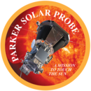 Artwork of the spacecraft next to the Sun, enclosed in a circle with a yellow border. The words "Parker Solar Probe" are placed around the interior of the border, while the words "a mission to touch the Sun" are written inline in a smaller font in the bottom right of the image.