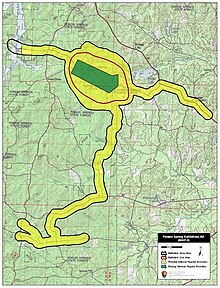 A map of the Poison Spring battlefield - the main battle area is in a wooded area. The central portion of this area is listed on the National Register of Historic Places. Other areas associated with the battlefield extend to the east, south, and west. Most of the associated areas are considered to be eligible for the National Register of Historic Places.