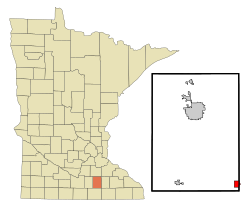 Location of Blooming Prairie within Steele and Dodge Counties in the state of Minnesota