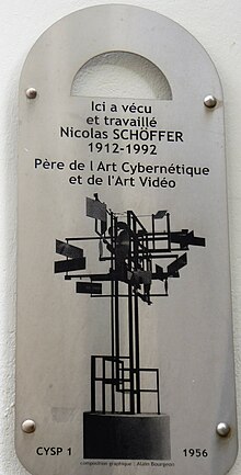 Nicolas Schöffer memorial plaque at the gate to the Villa des Arts, Montmartre