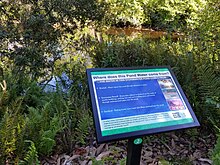 A sign about water in front of a pond with plenty of surrounding plants and foliage.