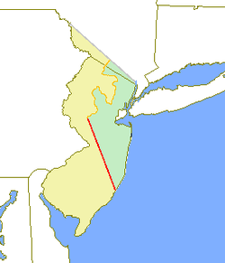 The original provinces of West and East Jersey are shown in yellow and green respectively. The Keith Line is shown in red, and the Coxe–Barclay Line is shown in orange.