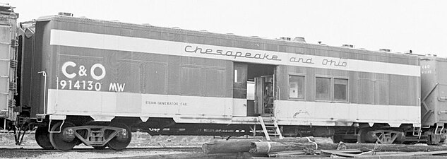 Chesapeake and Ohio Railway #914130, a troop sleeper that has been converted to a steam generator car.