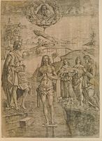The Baptism of Christ, engraving. This particular work is after Bellini's Baptism of Christ (1500–02)[13]