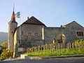 Le drapeau neuchâtelois devant le château de Boudry.