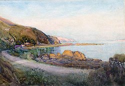 Watercolour of a brightly coloured landscape scene; a coastal view with rocky shoreline and a cluster of buildings hugging hills