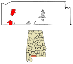 Location of Atmore in Escambia County, Alabama