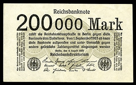Two-hundred-thousand Mark at German Papiermark, by the Reichsbankdirektorium Berlin