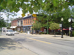 Downtown Loveland at the Loveland Bike Trail crossing. Seen here is Loveland Avenue, originally named Jackson Street.[1]